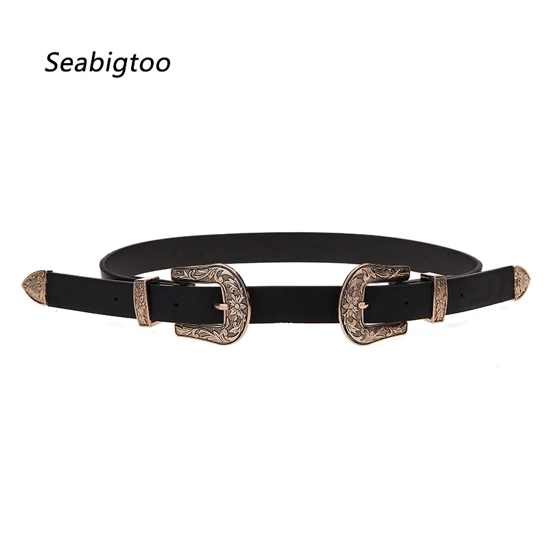 Golden buckle black Женские пояса с двойной металлической пряжкой, высокое качество, ремень из искусственной кожи в стиле панк для женщин, ремень для джинсов, женские ремни в стиле ретро - Цвет: Golden buckle black