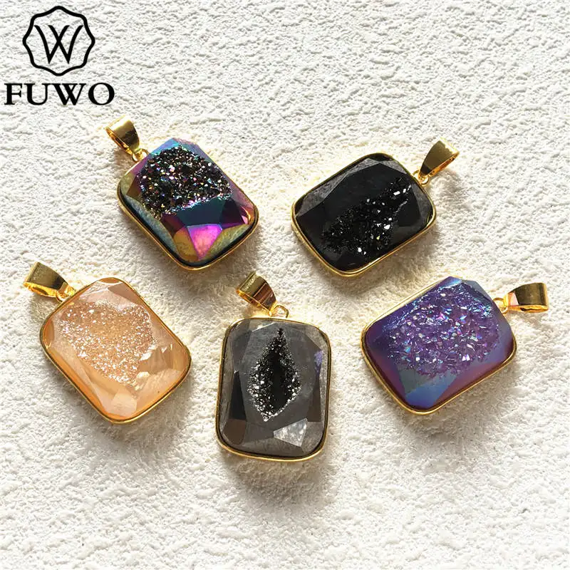 Ограненная подвеска FUWO с коннектором оформления Aura из друзы прямоугольная