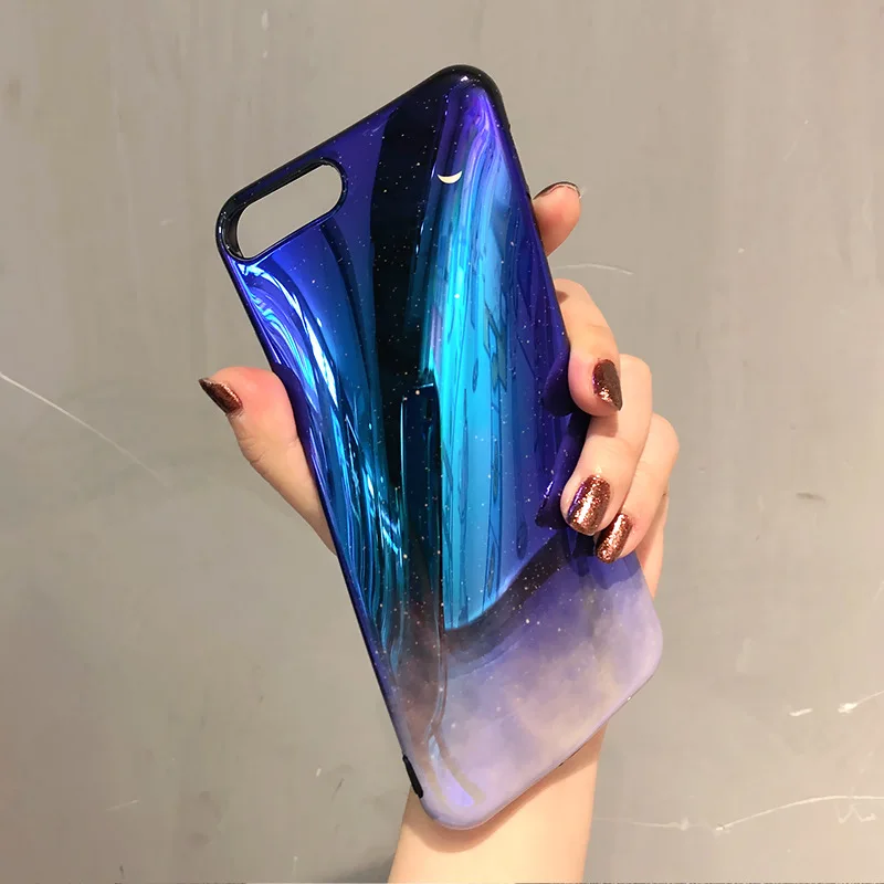 Айфон 8 Плюс Голубой Градиент Звёздное Небо Маленькая Луна Чехол для Мобильного Телефона Apple XS Max/7 Космическое Зеркало Личность Женская.