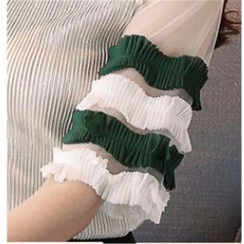 Summer Spring Women Sexy Patchwork Mesh Blouses Tops 2018Female O-Neck With Pearls Chiffon Petal Sleeve Fashion Mujer BlouseQ317 | Женская