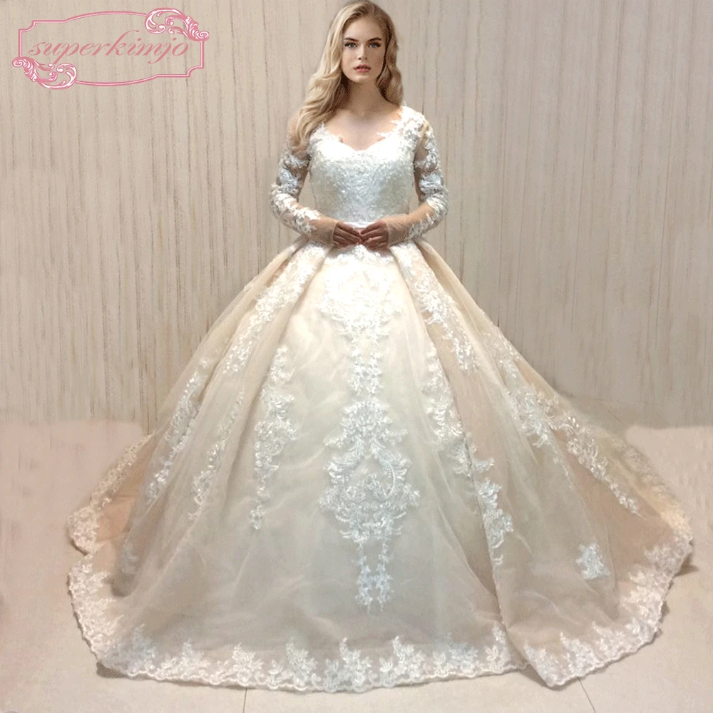 

SuperKimJo 2020 Long Sleeve Wedding Dresses Luxury Lace Applique Gorgeous Chapel Train Wedding Ball Gown Robe De Mariee