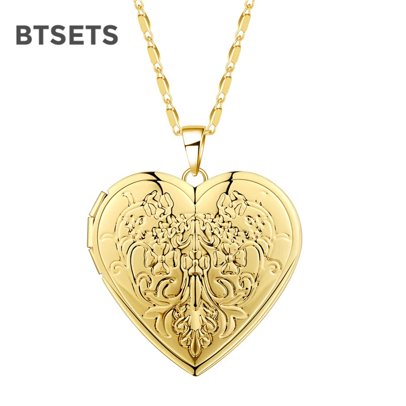 Фото Богемное золотое ожерелье с подвеской женское длинное медальоном в форме сердца открытая фоторамка на