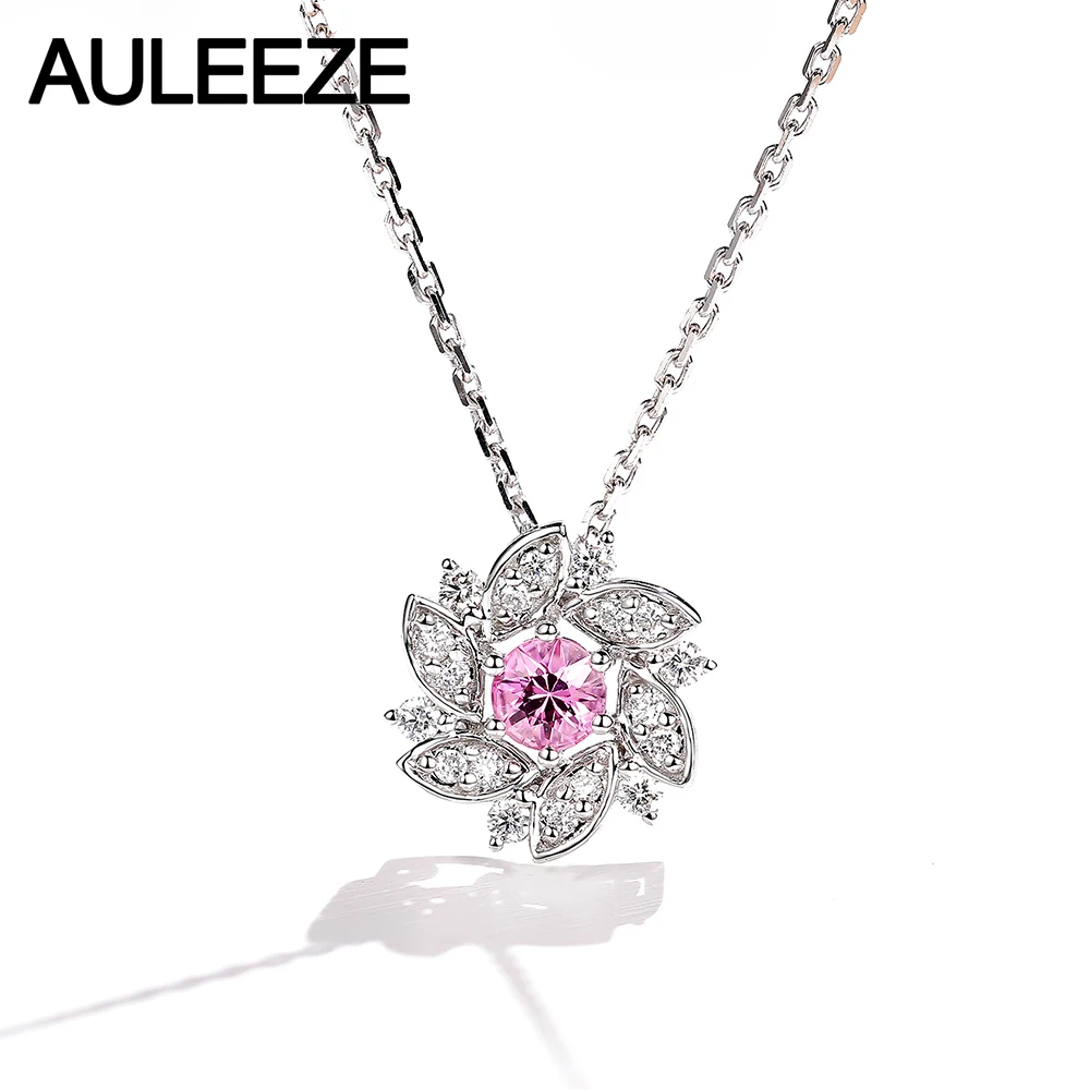 

AULEEZE 18K White Gold Flower Diamond Pendant Necklace 0.20ct Natural Pink Sapphire Real Diamond Clavicle Chain Romantic Pendant