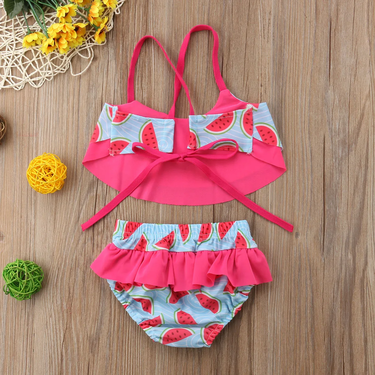Милые купальники 2019 с арбузом для детей комплект бикини оборками и лямкой на шее