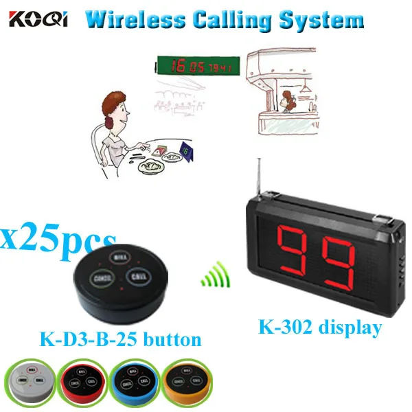 Wireless Restaurant Pager System Kitchen Call Waiter For Restaurant (1 display+25 table bell button)