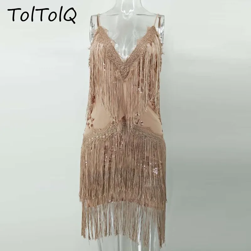 Платье с кисточками TolTolQ Осеннее Золотое платье блестками и глубоким треугольным