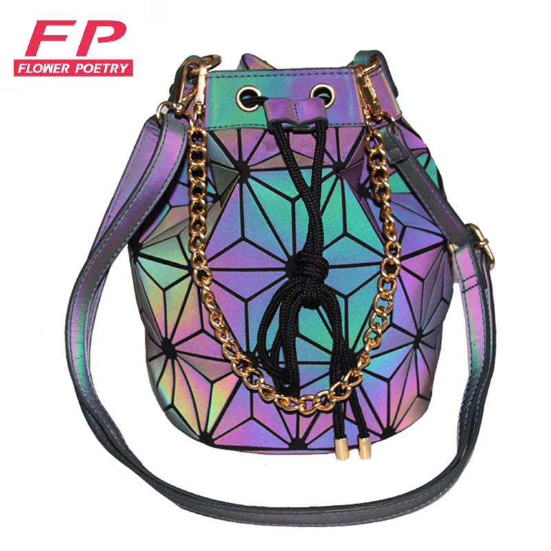 New Women Bag Geometry Saser Plain Folding Bucket Bags Luminous Handbags Ladies Casual Tote Bao Drawstring Crossbody Bag Bolsas