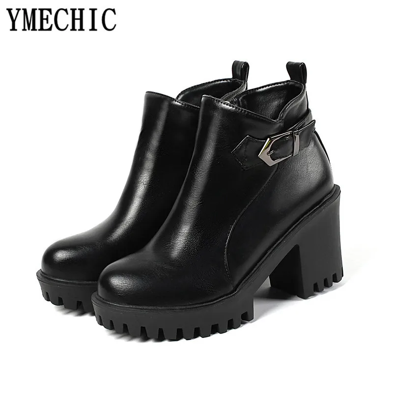 Женские ботинки на блочном каблуке YMECHIC 2018 черные коричневые зимние теплые