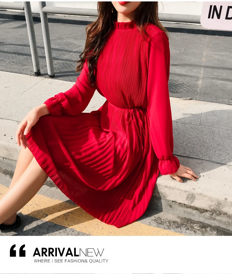 New Fashion women Spring summer Ruffled-Neck Full-sleeve solid colour casual office lady elegance Sashes pleated Chiffon dress | Женская