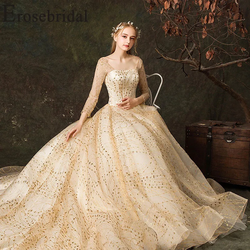 Женское свадебное платье с длинным рукавом Erosebridal Золотое бальное шлейфом и