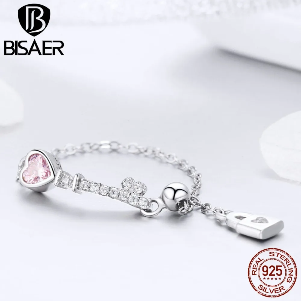BISAER, 925 пробы, серебряный ключ любви, замок, кольца для женщин, длинная цепочка, розовый CZ, кольцо на палец, серебряное обручальное кольцо, ювелирное изделие ECR425