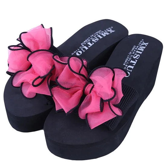 rose red 7cm Новые летние женские сандали, шлепанцы для Для женщин флип-флоп сандалии на нескользящей подошве с бантом на платформе; домашние Вьетнамки с подошвой из цельного дерева; сандалии Лидер продаж - Цвет: rose red 7cm