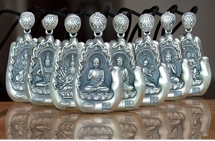 

S999 sterling silver 12 Zodiac patron saint pendant men and women silver necklace natal Buddha Amitabha pendant