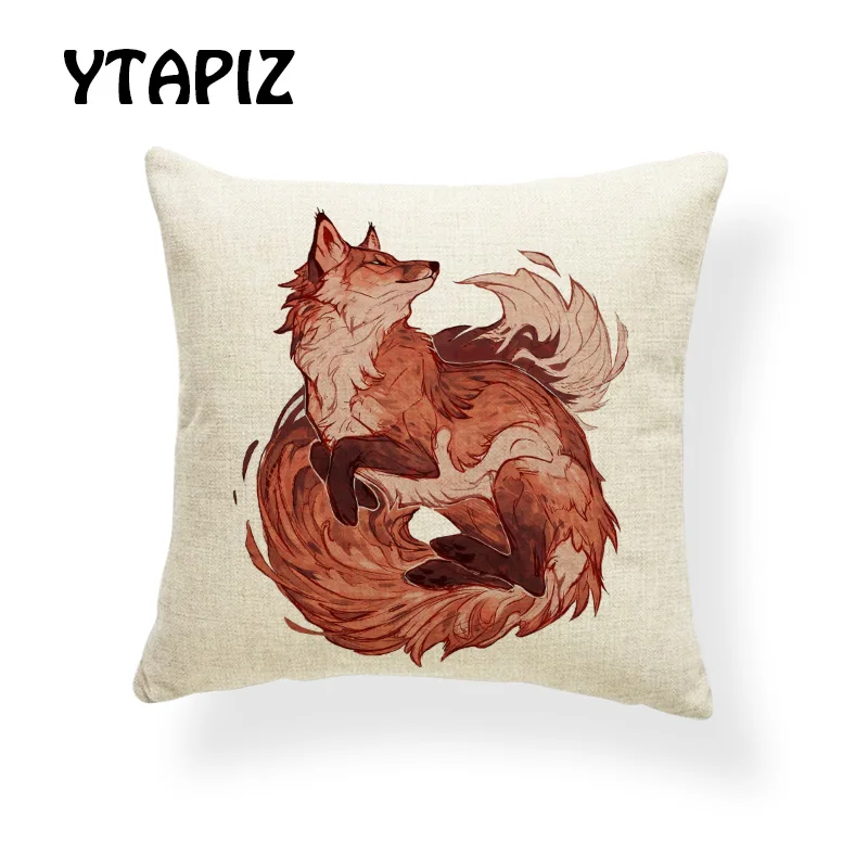 Наволочка с изображением животных собаки лисы синего черного оранжевого