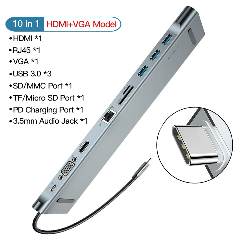 10 in 1 usb c hub Baseus USB C концентратор type C к HDMI VGA RJ45 несколько портов USB 3,0 USB3.0 type-C разветвитель для Macbook Pro Air USB-C концентратор адаптер питания - Цвет: 10 in 1 usb c hub