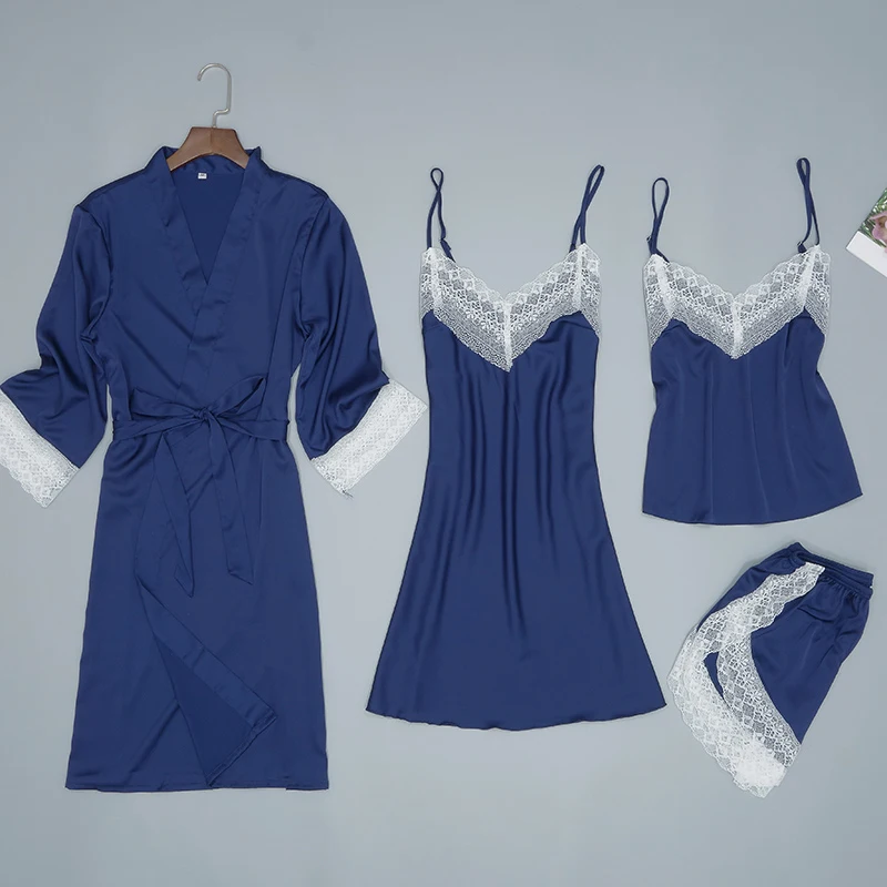 

4 Pieces Women Sexy Silk Satin Robe Set Lace Sleepwear Set Robe+Nightdress+Slip Top+Shorts Summer Nightwear