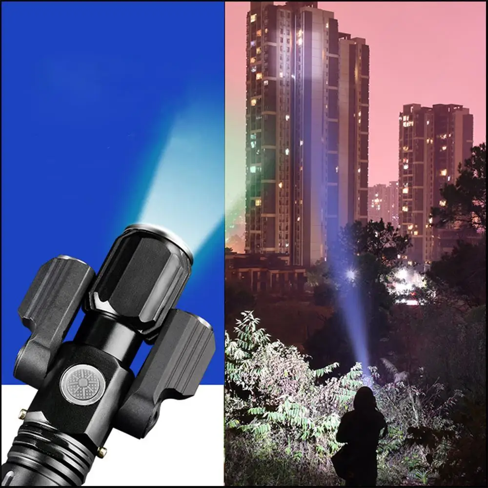 

Hot Selling T6 LED Flashlight Rotating Multifunction Three Head USB Charging Torch Long Shot Lighting For Night Riding Fishing A