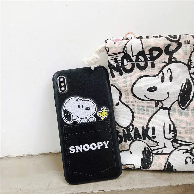 New Cartoon cute Embroidery cartoon snoopy Card Pocket Phone Case For iPhone X 6 6s 7 8 Plus XR XS Max Leather Soft Cover Fundas |