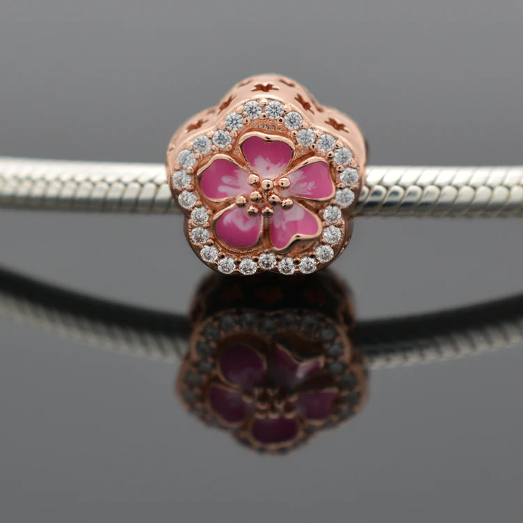 

925 Sterling Silver Pink Sparkling Peach Blossom Flower Beads Accessories New Pink Peach Bracelet DIY Jewelry Making