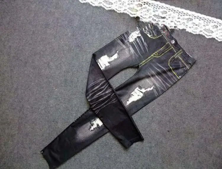 

Blue Black Color False Hole Pant Imitation Jeans Leggings Pencil Pants