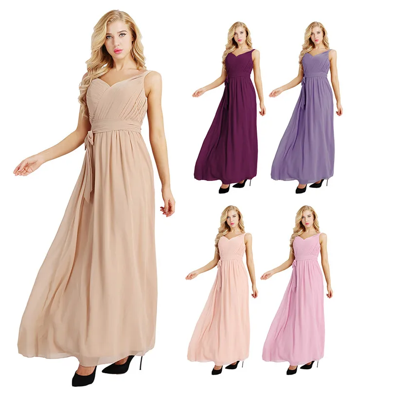 Classic Women Ladies Sleeveless Pleated V Neck Chiffon Elegant Formal Long Princess Dress Summer Evening Prom Gown with Sash | Женская