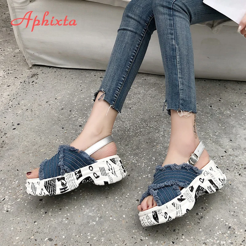 Aphixta Platform Sandals Women Wedge Heels Shoes Buckle Denim Jean Summer Zapatos Mujer Canvas Slippers Woman Sandal | Обувь