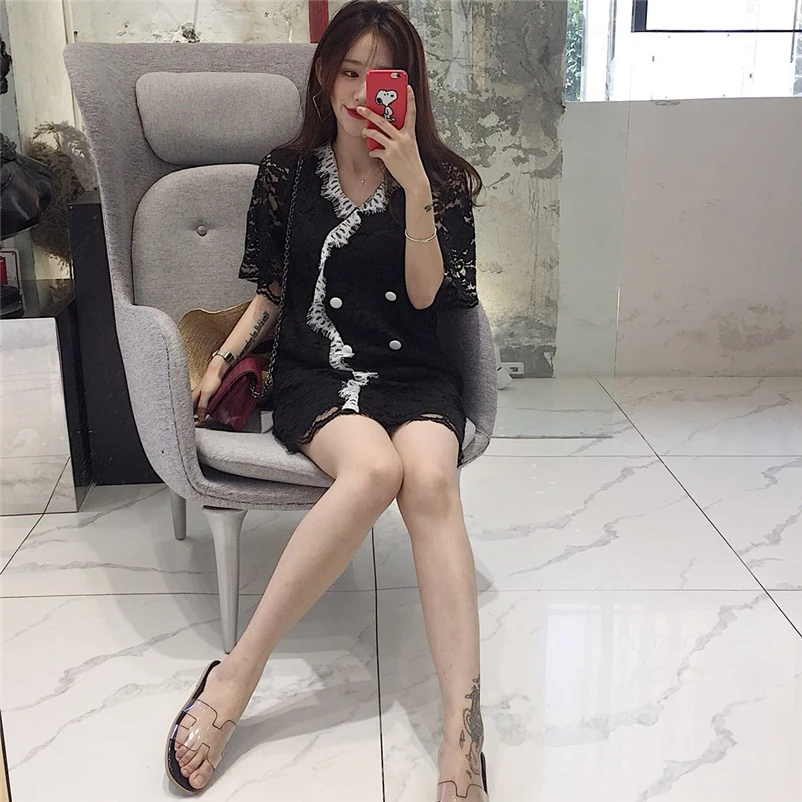 black lace mini dress Women's Clothing loose summer v-neck Female fashion perspective short dresses Vintage vetement femme new | Женская