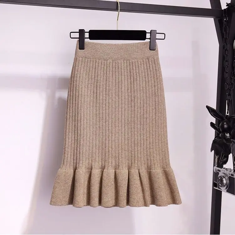 Khaki for 50cm Vangull Женская длинная юбка-свитер зимние женские плиссированные юбки миди макси трикотажные с высокой талией теплые элегантные Saias Jupe Femme - Цвет: Khaki for 50cm
