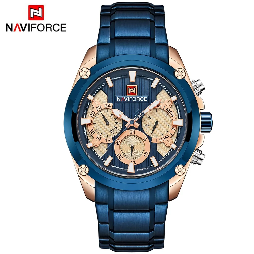 Лучший бренд класса люкс NAVIFORCE синие золотые часы мужские модные спортивные кварцевые мужские s часы полностью стальные водонепроницаемые часы Relogio Masculino - Цвет: gold blue