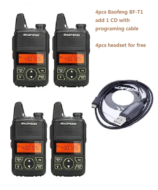 4pcs PPT BF-T1+CD with Programming cable Portable radio MINI PPT Walkie Talkie Handheld Transceiver T1  two way radio baofeng T1