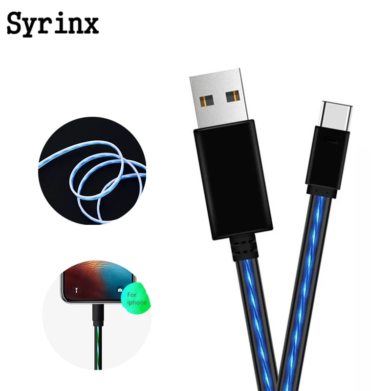 Syrinx светодиодный микрокабель USB Type C для Iphone X Xs 8 7 6s Samsung s9 s8 кабель быстрой зарядки