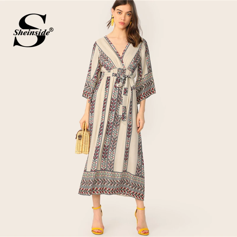 Sheinside Boho платье с v-образным вырезом и цветочным принтом для женщин летние прямые платья с высокой талией и поясом дамское платье с рукавом 3/4