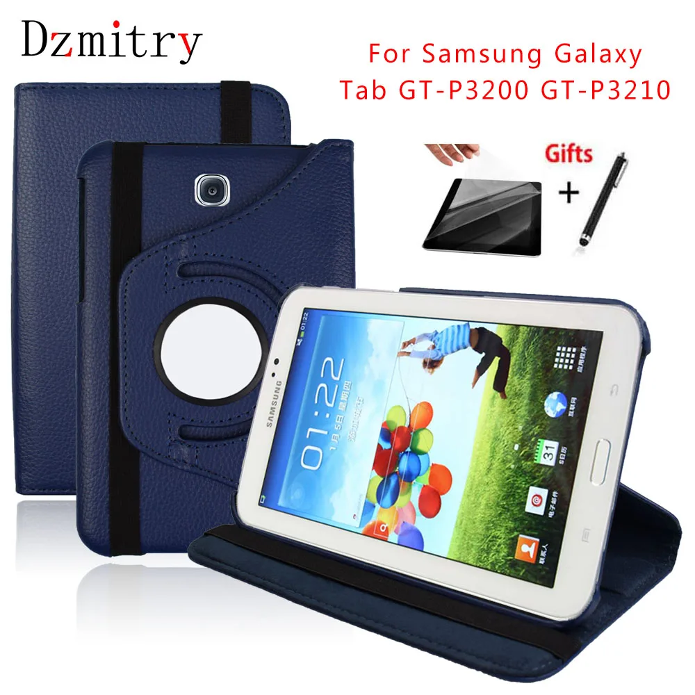 

360Degree Rotating Flip Stand Funda Smart Sleep Cover For Samsung Galaxy Tab GT-P3200 P3210 7.0"inch Tablet case+film+Stylus Pen
