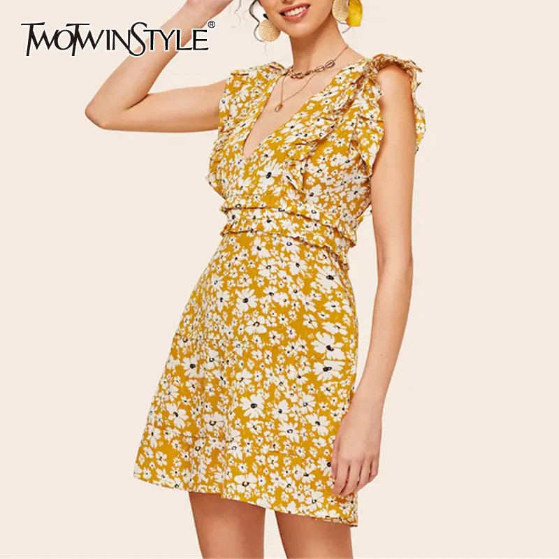 Женское мини платье с принтом TWOTWINSTYLE летнее квадратным вырезом без рукавов