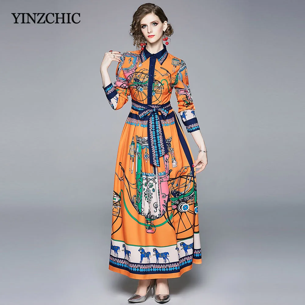 Винтажное женское весеннее Макси Платье с принтом отложным воротником