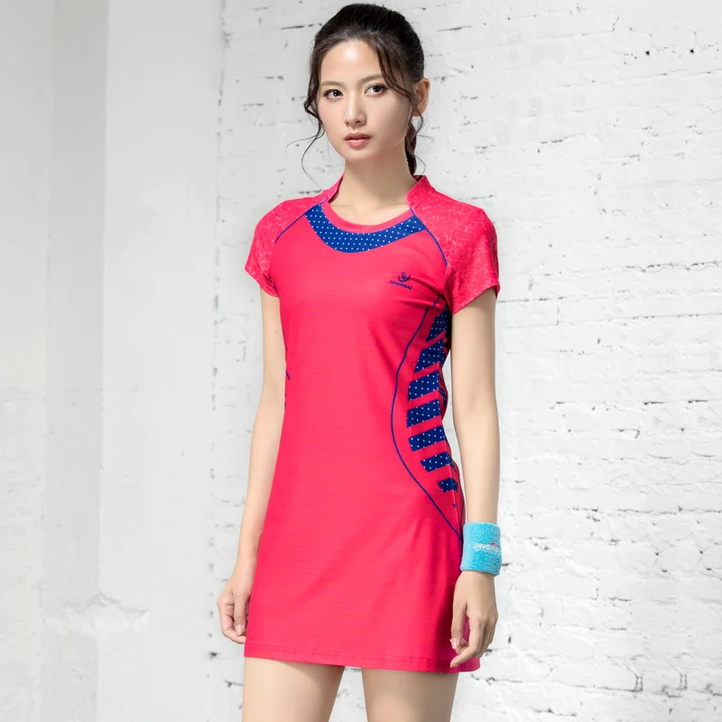 New Badminton Women Sport Dress Quick Dry Tennis Dress Short Sleeve Tennis Knee-Length Sports Suit with Safety Shorts