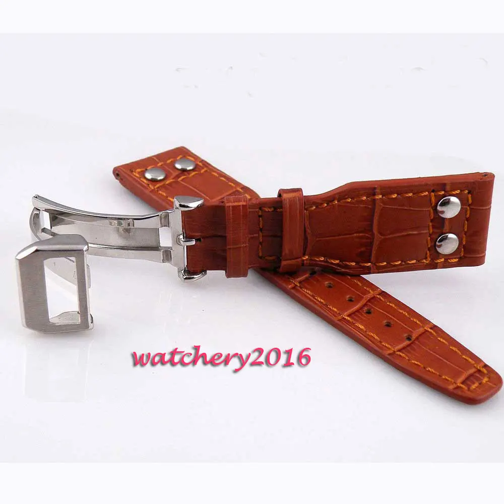 

24mm rivet deployant style clasp Genuine Leather brown Watch Strap