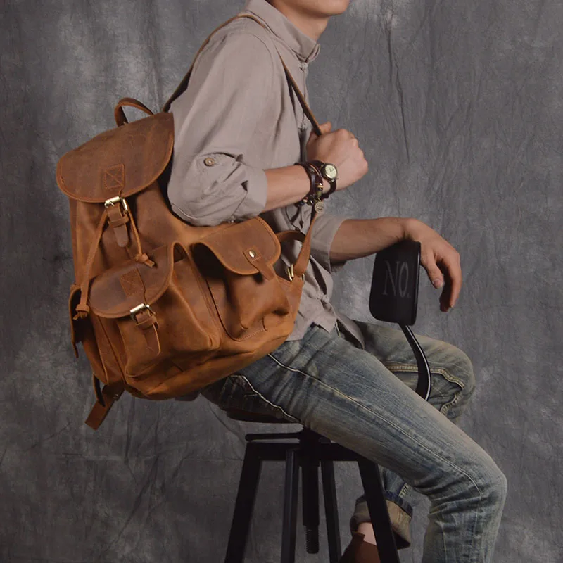 AETOO Retro Shoulder Bag Genuine Handmade Men Women Casual Travel Backpack Large Capacity First Layer Leather