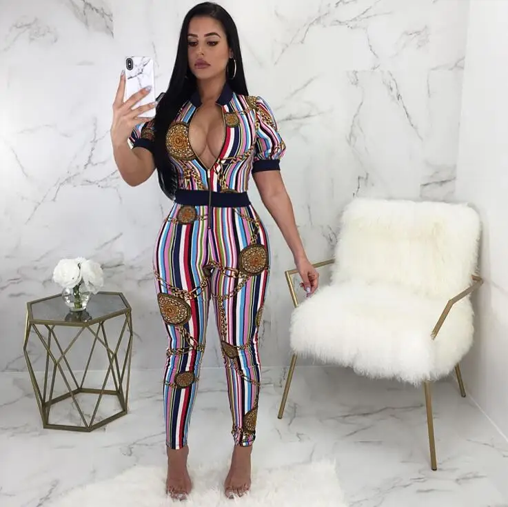 Autumn rompers womens jumpsuit Elegant One Piece Sexy golden chain print color striped Short-sleeved threshold zipper | Женская одежда