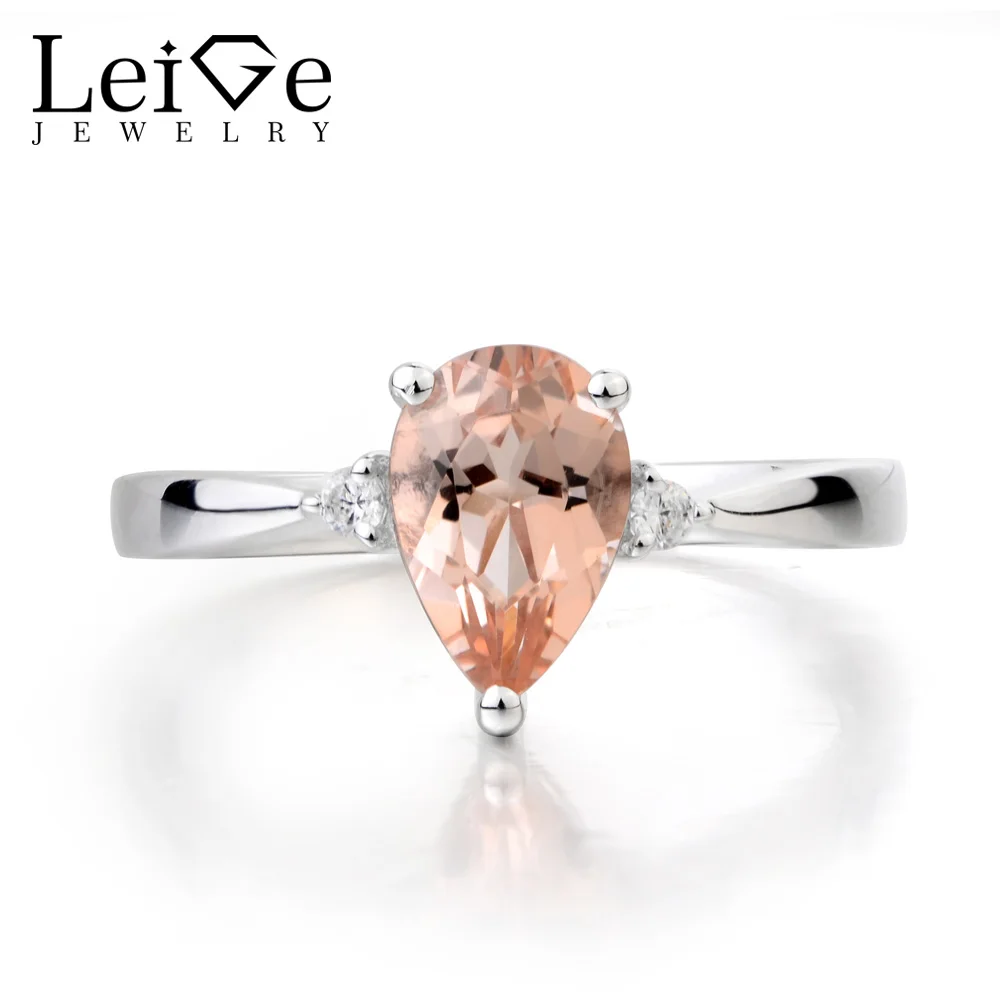 

Leige Jewelry Real Natural Pink Morganite Ring Cocktail Party Ring Pear Cut Pink Gemstone Genuine Solid 925 Sterling Silver Gift