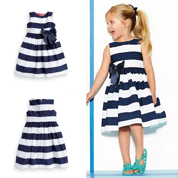 Kid Baby Girls Dress Summer Sleeveless One Piece Blue Striped Bowknot Tutu baby girls clothes | Детская одежда и обувь