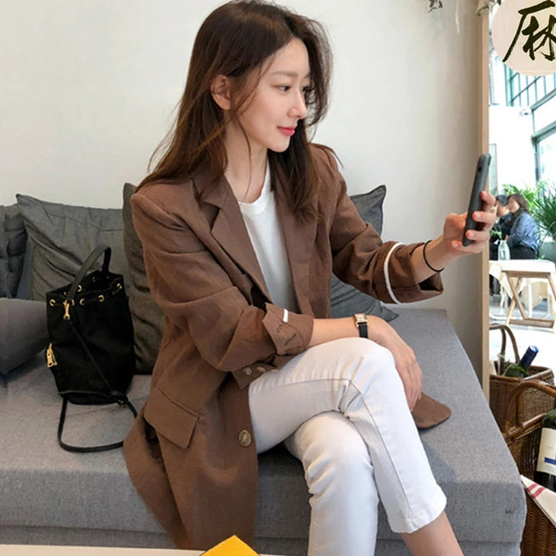 Женский однобортный пиджак винтажный однотонный из хлопка и льна с длинным