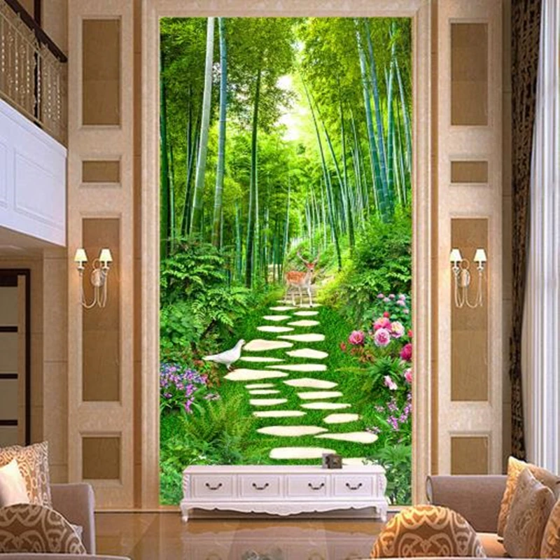 

Green Bamboo Ladder Photo Wall Murals 3D Nature Wallpapers for Living Room Hallway Background Walls Papers Home Decor Trees Bird