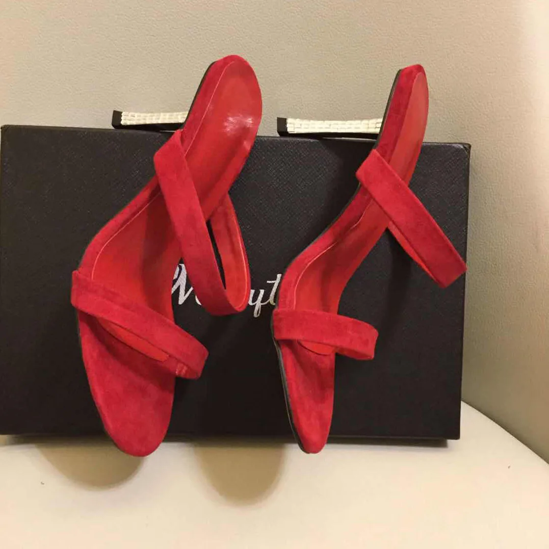 

Red Suede Gold Heel Summer Dress Slides Women Party Shoes