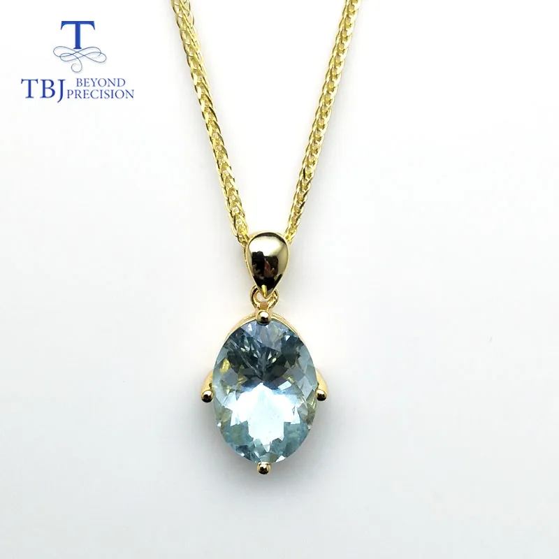 TBJ shape pendant with good color natural brazil aquamarine gemstone in 925 sterling silver yellow jewelry for women | Украшения и