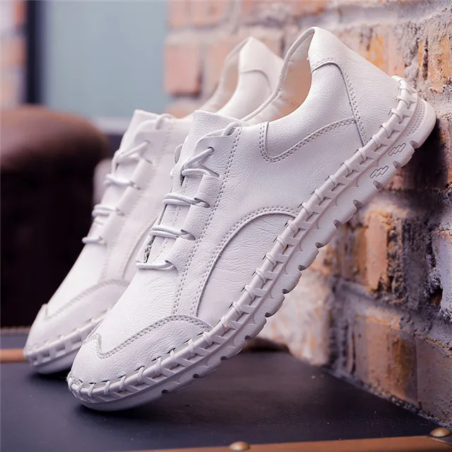 White Shoes Merkmak/Новинка; Мужская обувь из натуральной кожи; летние модные повседневные лоферы с машинным швом; Повседневная мягкая удобная мужская обувь на плоской подошве - Цвет: White Shoes