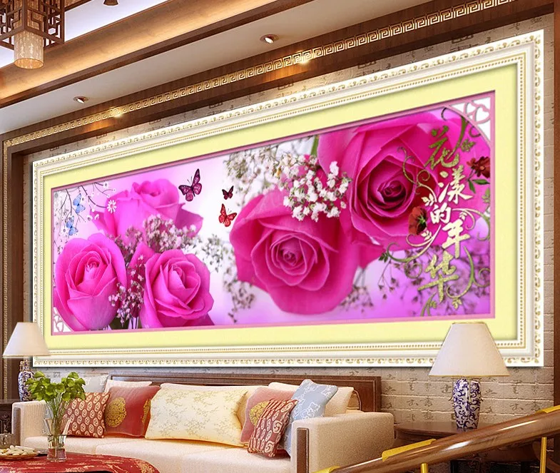 Набор для вышивки крестиком розовая роза фиолетовые синие цветы 11ct хлопковая