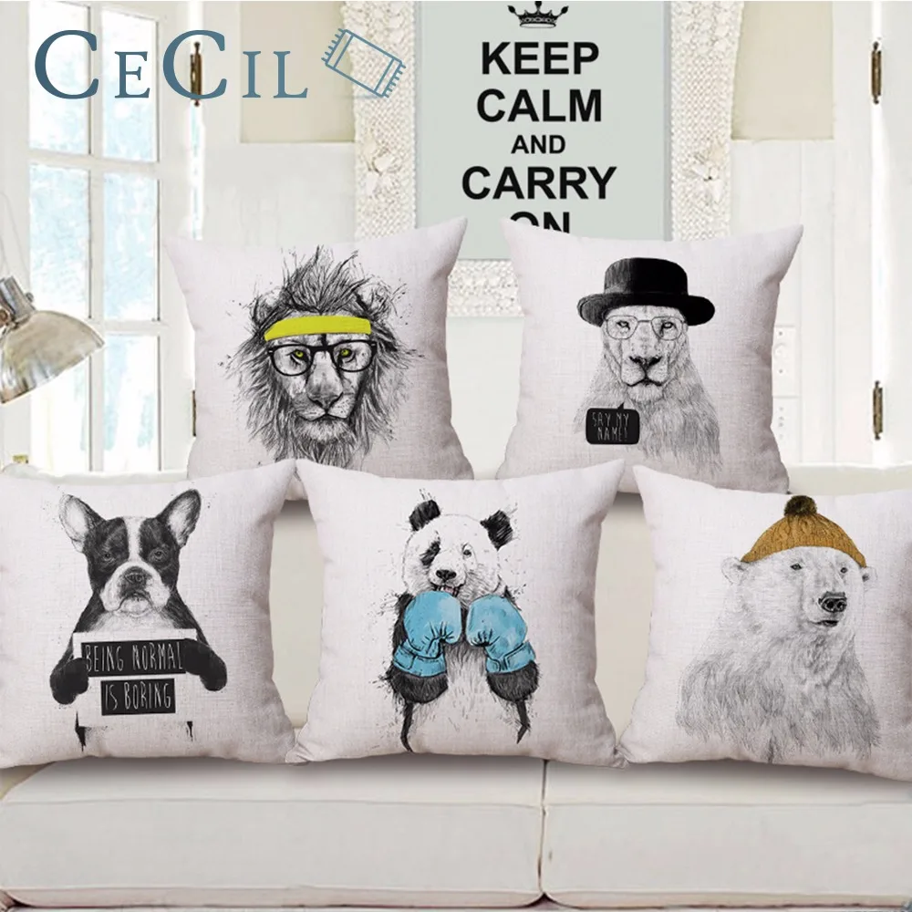 

Carton Animal Decorative Cushion Cover 45x45 Panda Dog Bear Lion Throw Pillow Cover Cotton Linen Pillow Case Housse de Coussin