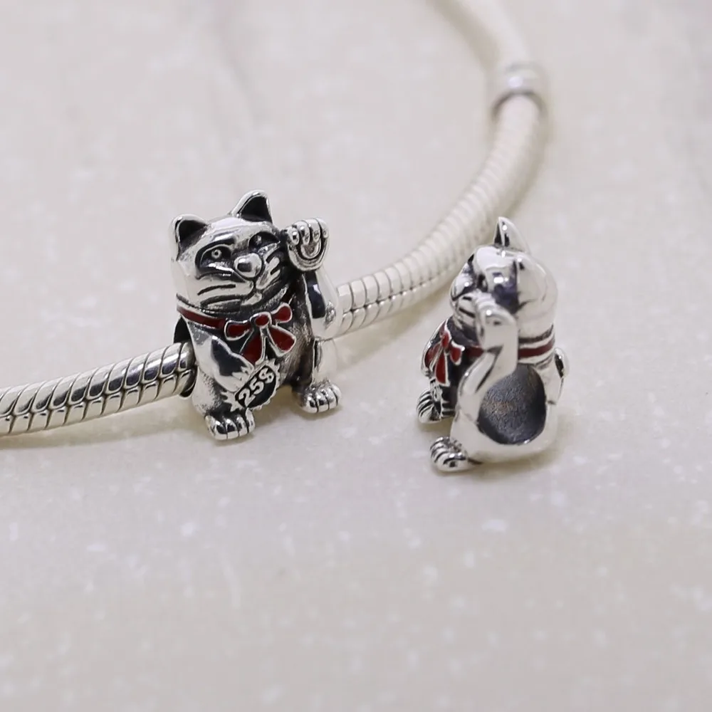 Стерлингового серебра 925 лаки фортуна maneki кот с красным бантом эмаль подходит