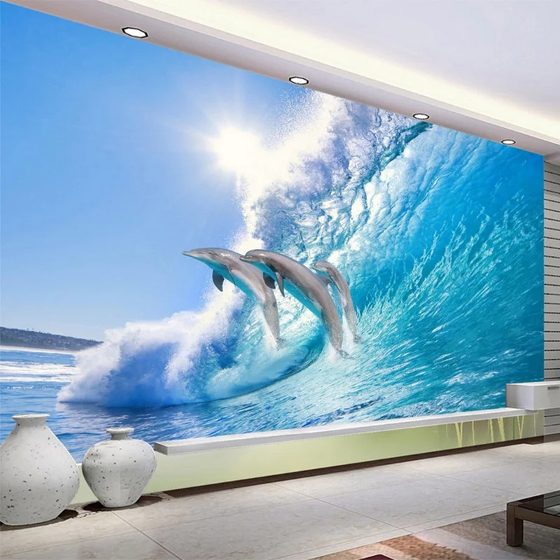 

Modern Creative Jumping Dolphin 3D Stereo Mural Wallpaper HD Sunshine Sea Wave Photo Wallpaper Living Room Backdrop Wall Decor